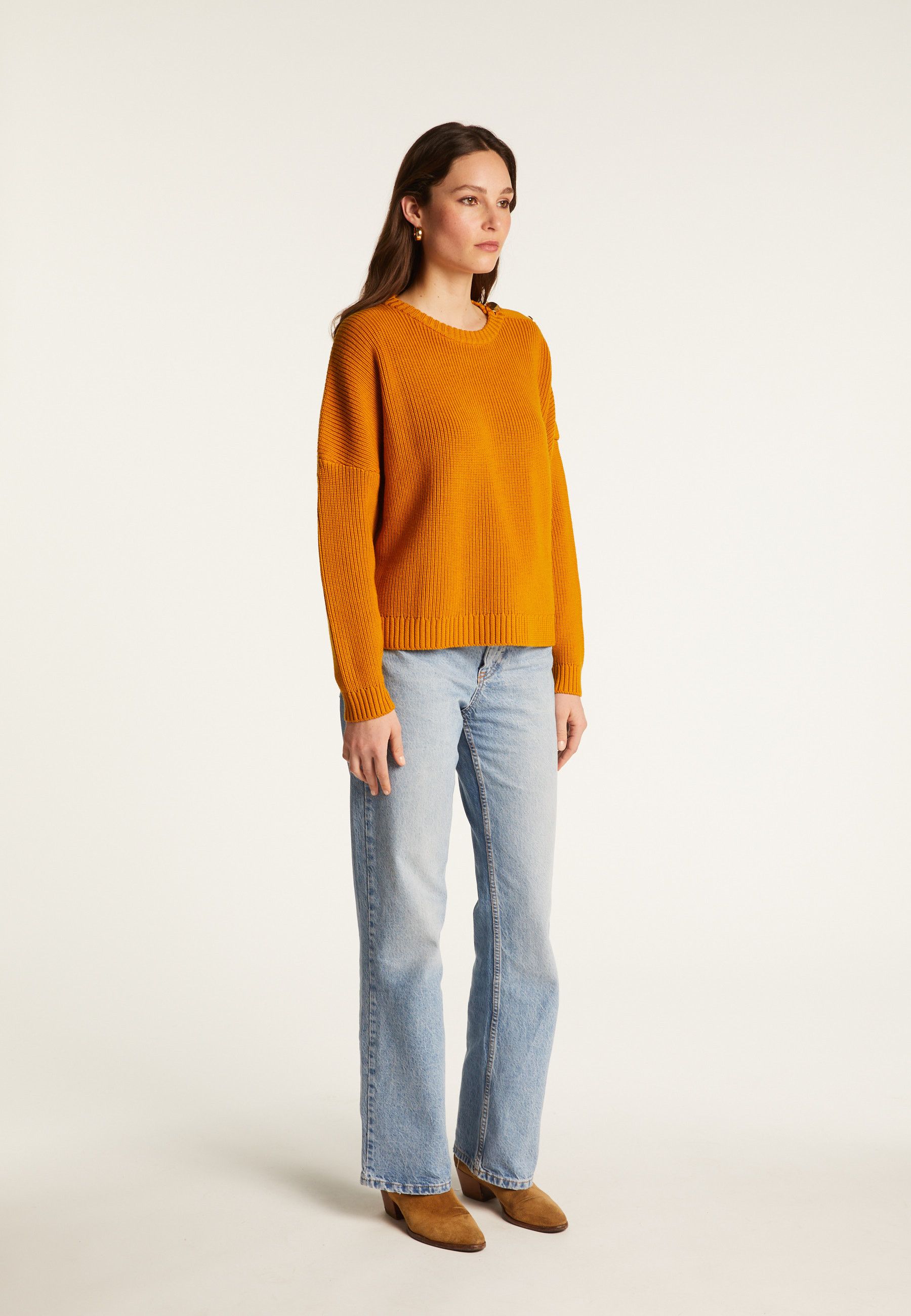 Pull col rond épaule boutonné en laine mérinos - Gao 7860 soleil - 89 Moutarde
