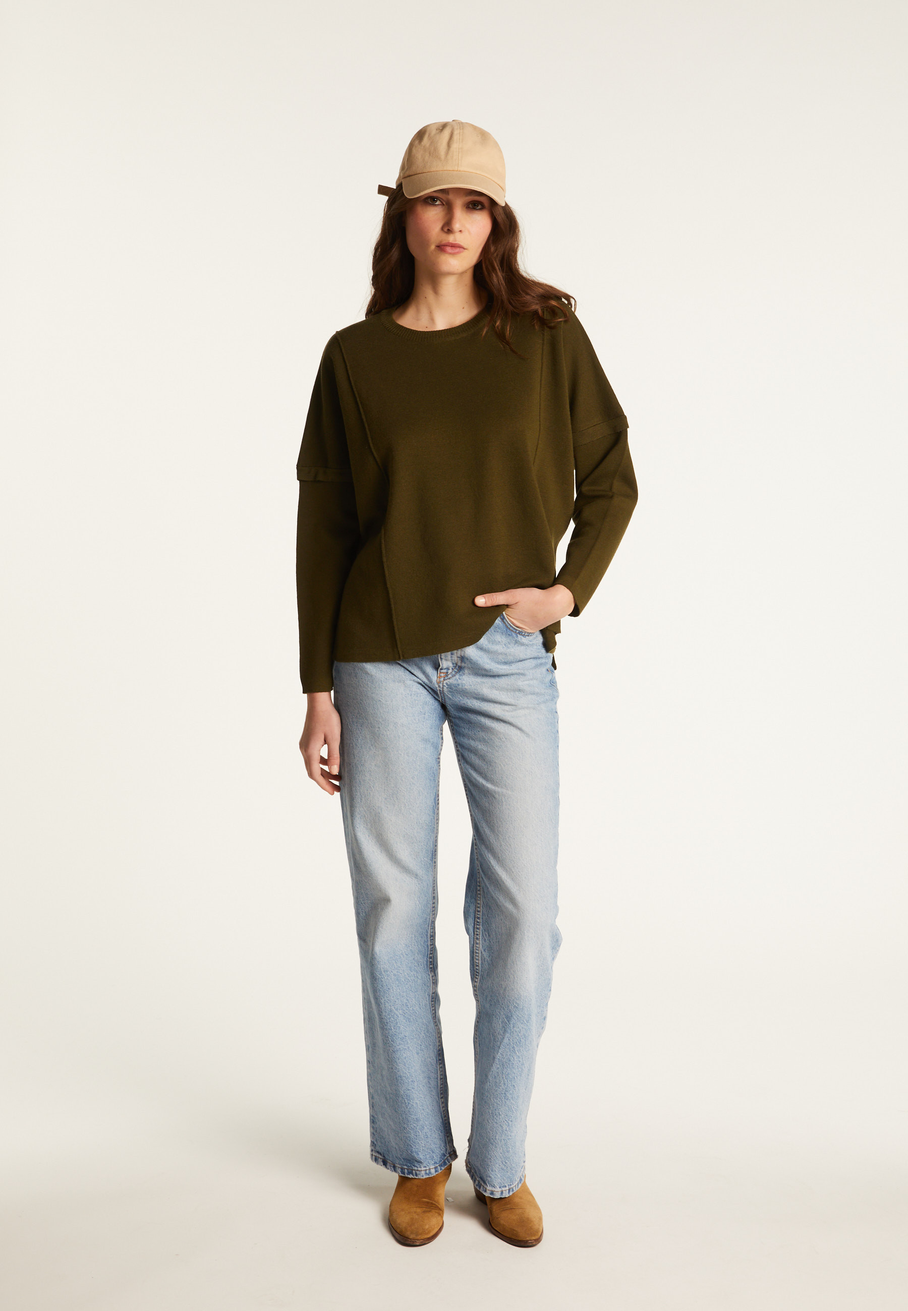 Pull ample col rond en laine mérinos - Guerande 7850 foret - 83 Kaki