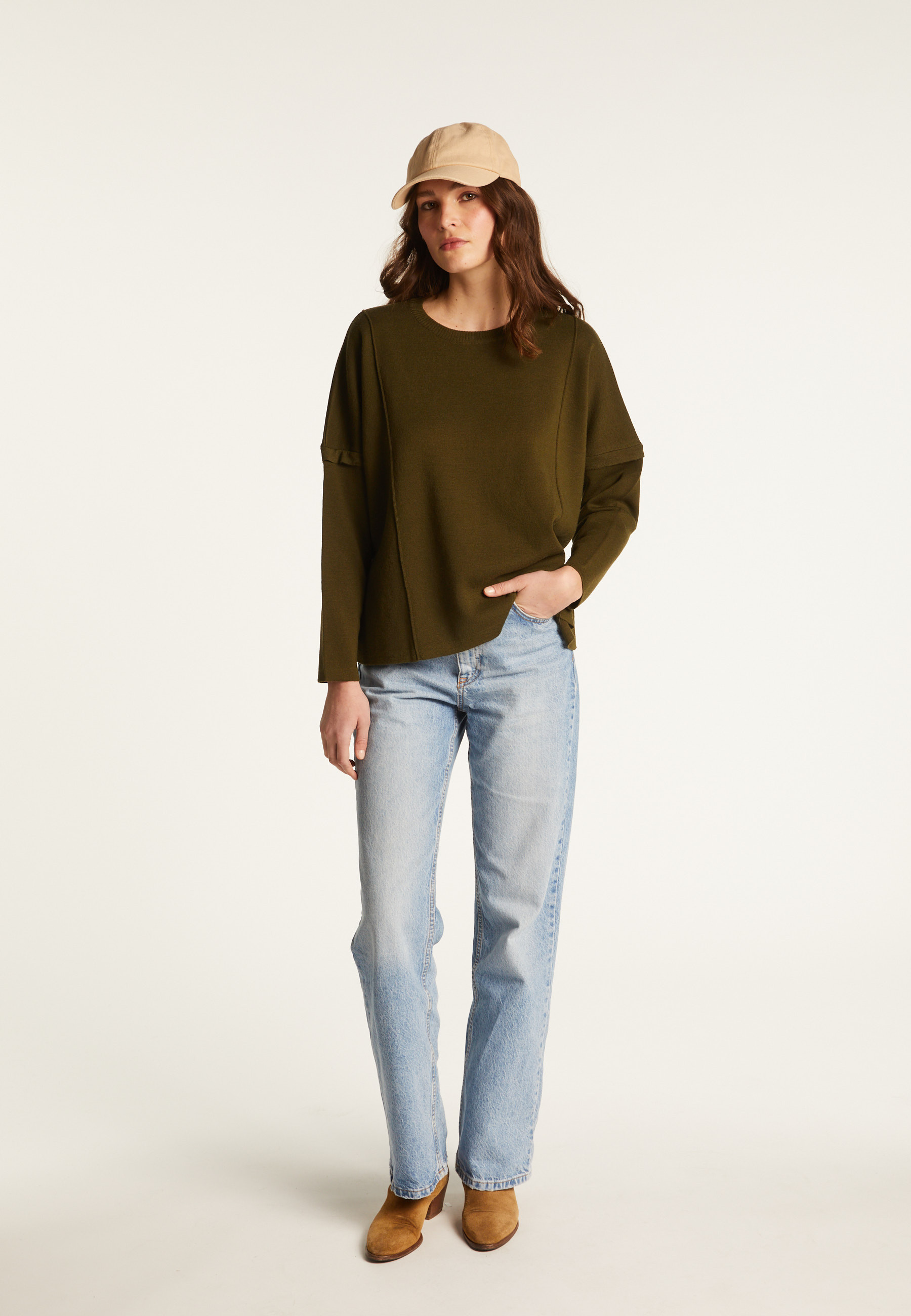 Pull ample col rond en laine mérinos - Guerande 7850 foret - 83 Kaki
