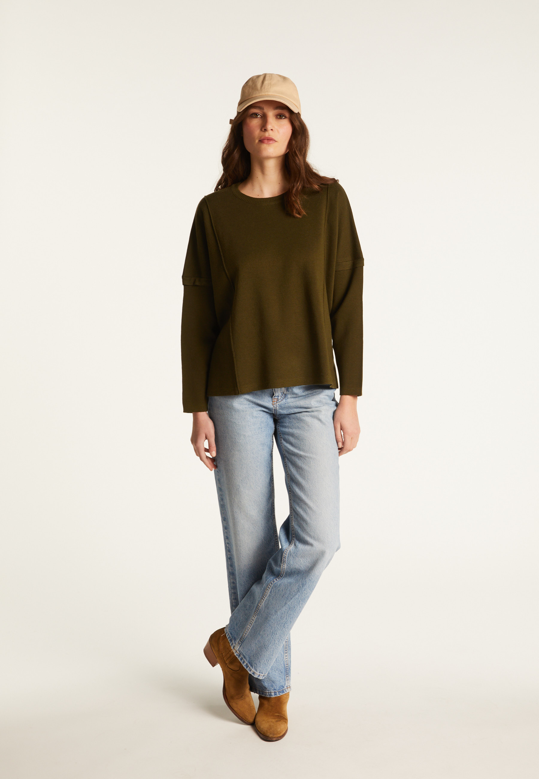 Pull ample col rond en laine mérinos - Guerande 7850 foret - 83 Kaki