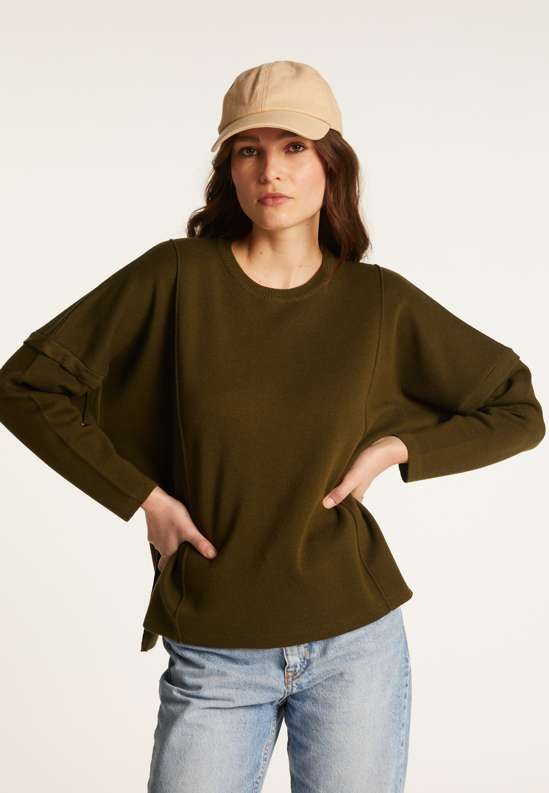 Pull ample col rond en laine mérinos - Guerande 7850 foret - 83 Kaki