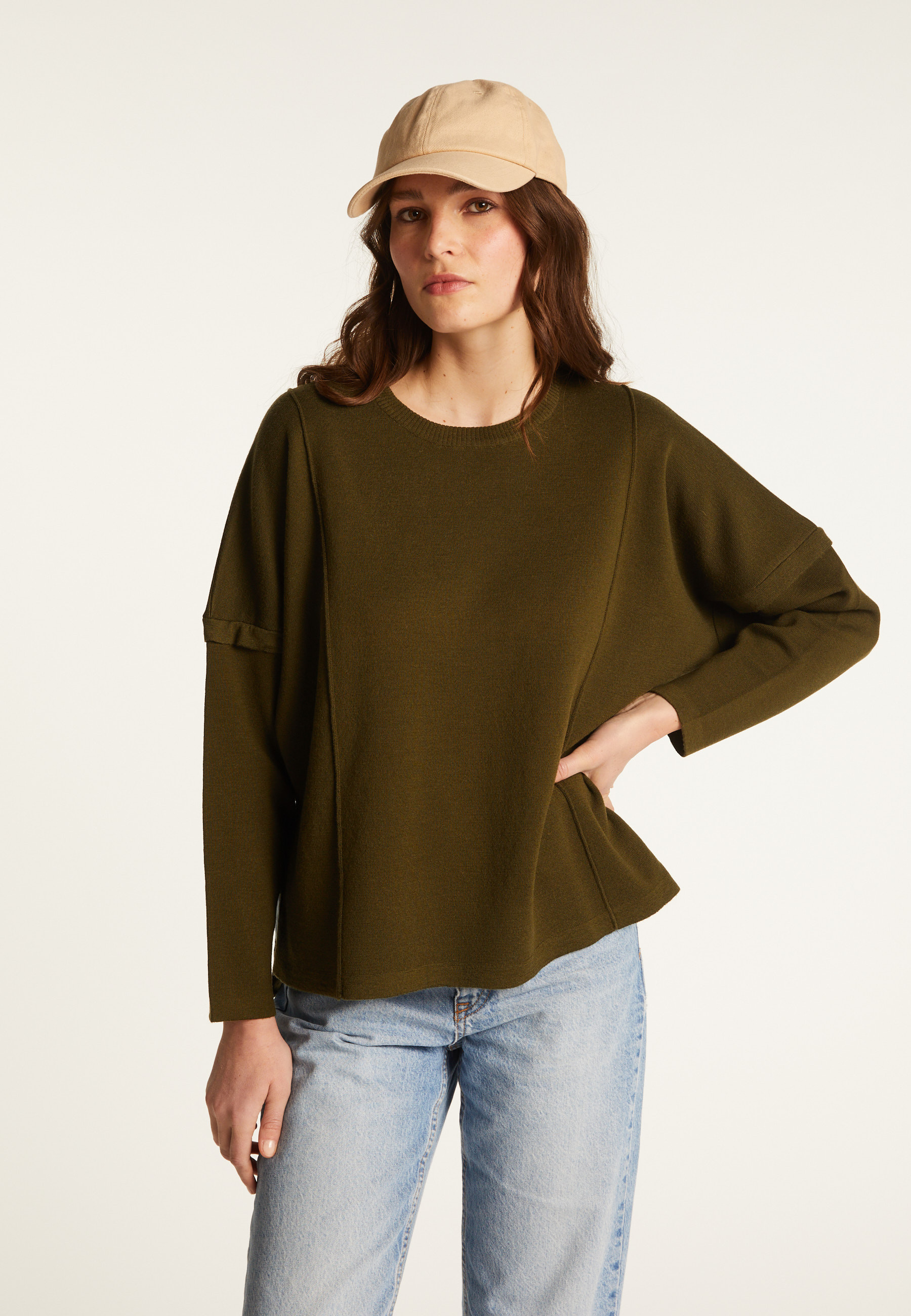 Pull ample col rond en laine mérinos - Guerande 7850 foret - 83 Kaki