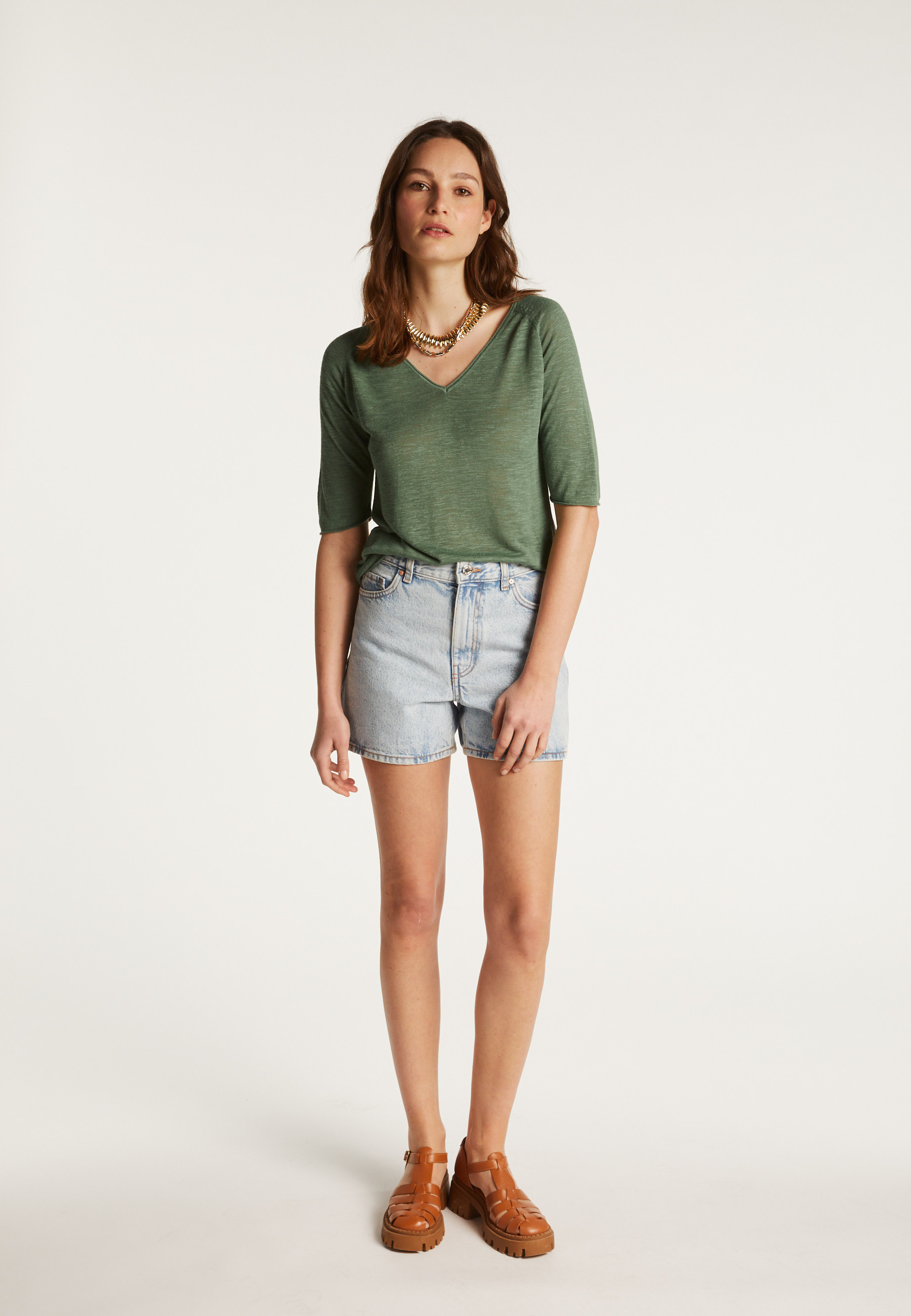 T-shirt col V en lin flammé - Bonbon