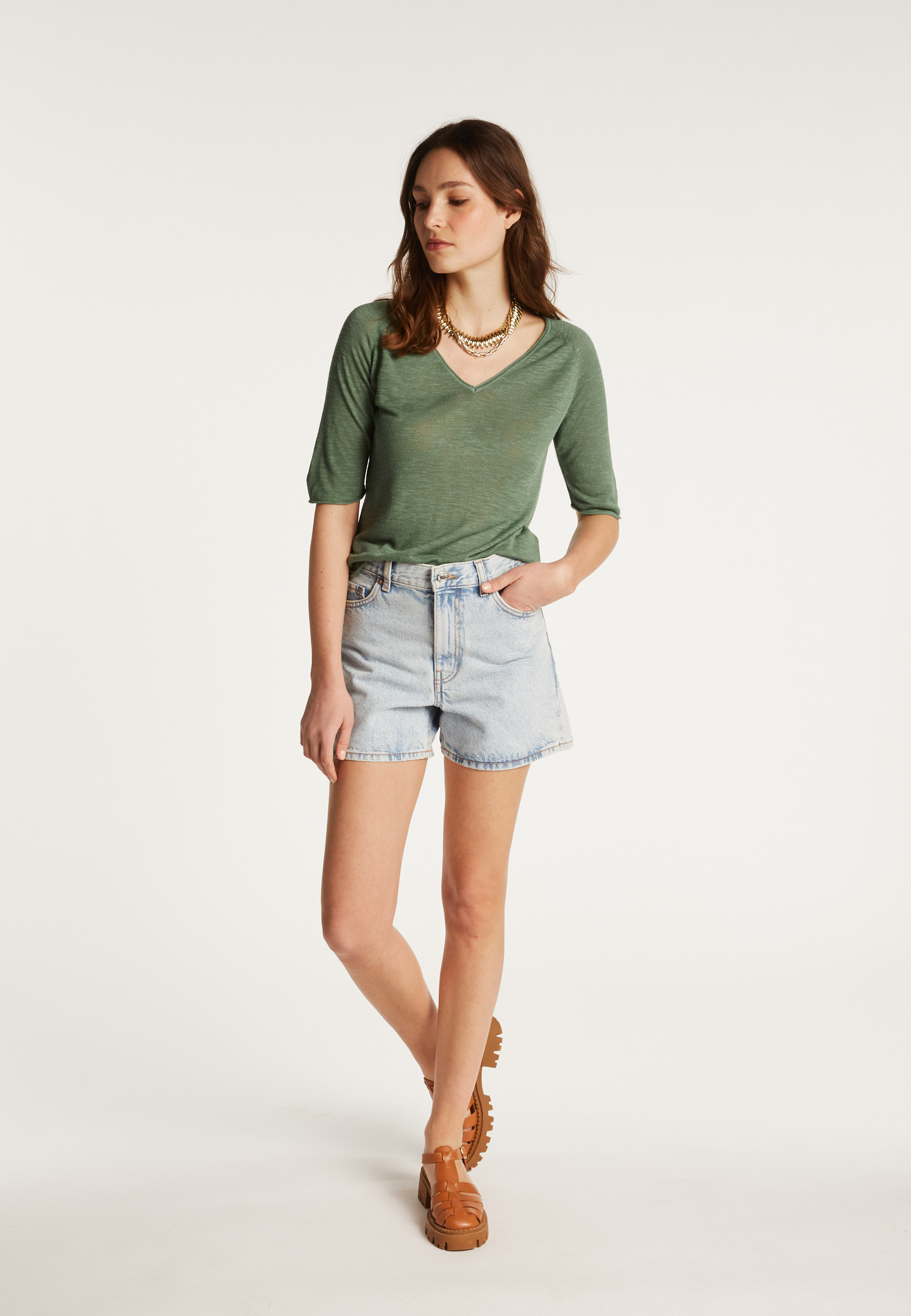 T-shirt col V en lin flammé - Bonbon