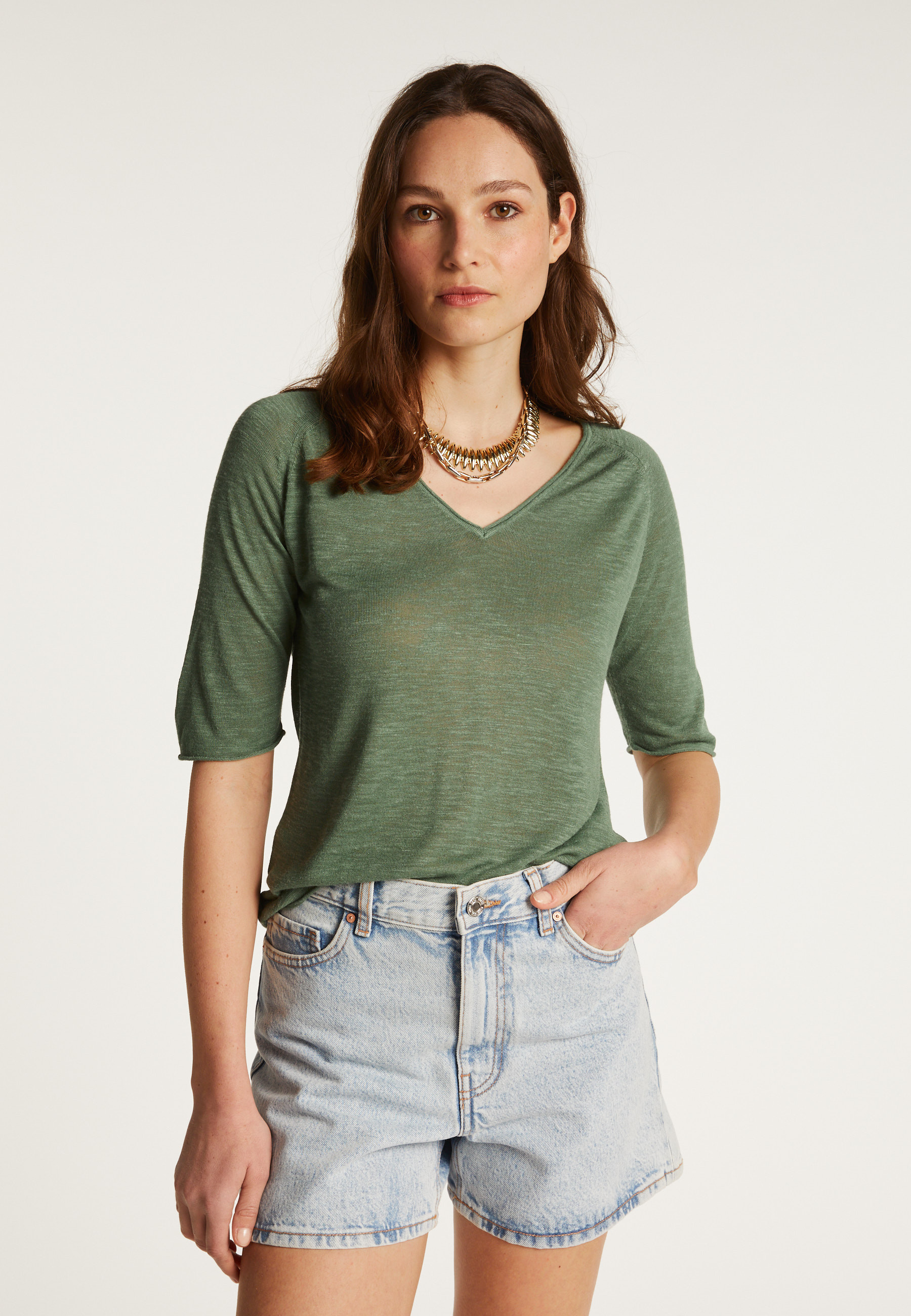 T-shirt col V en lin flammé - Bonbon