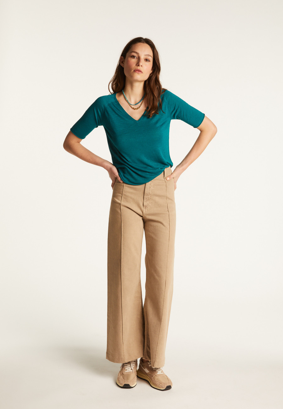 Flamed linen V-neck t-shirt - Bonbon