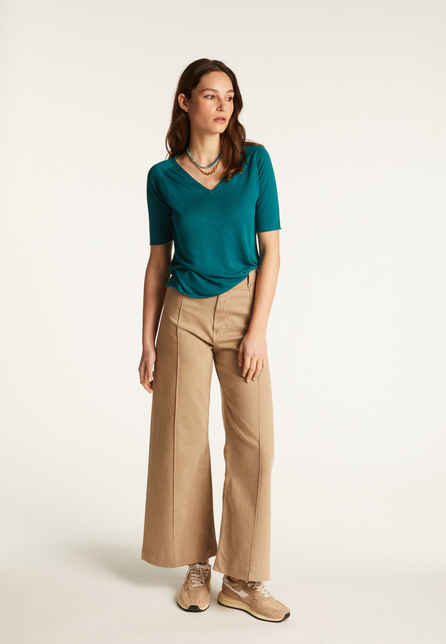 T-shirt col V en lin flammé - Bonbon