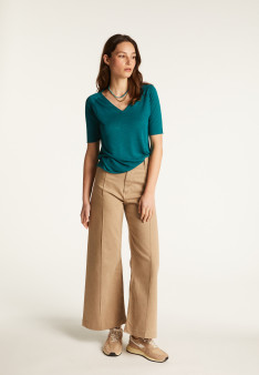 T-shirt col V en lin flammé - Bonbon