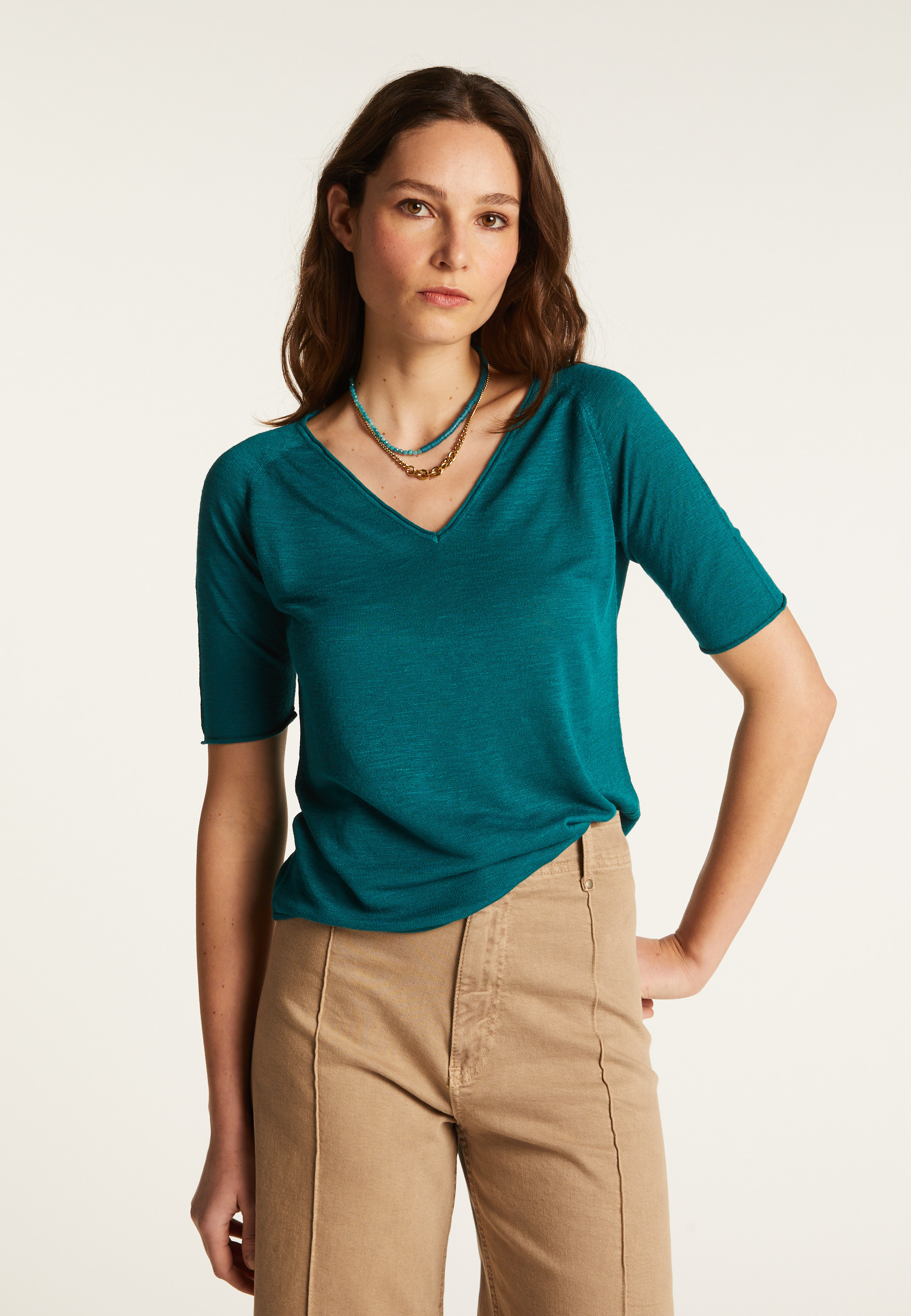 Flamed linen V-neck t-shirt - Bonbon