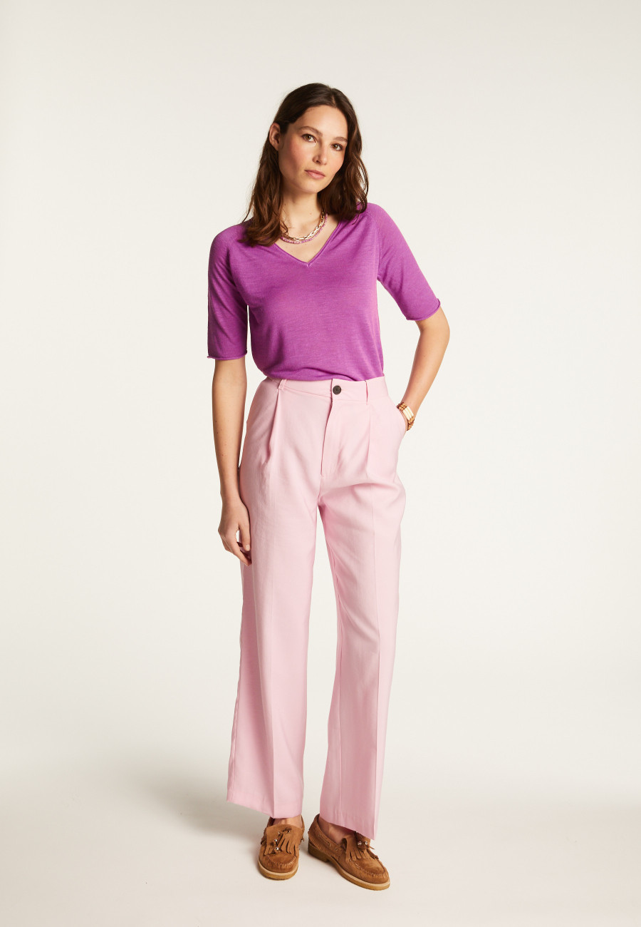 Flamed linen V-neck t-shirt - Bonbon