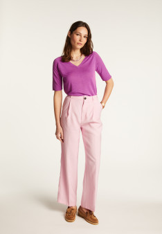 Flamed linen V-neck t-shirt - Bonbon