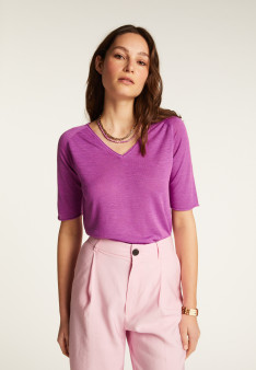 Flamed linen V-neck t-shirt - Bonbon