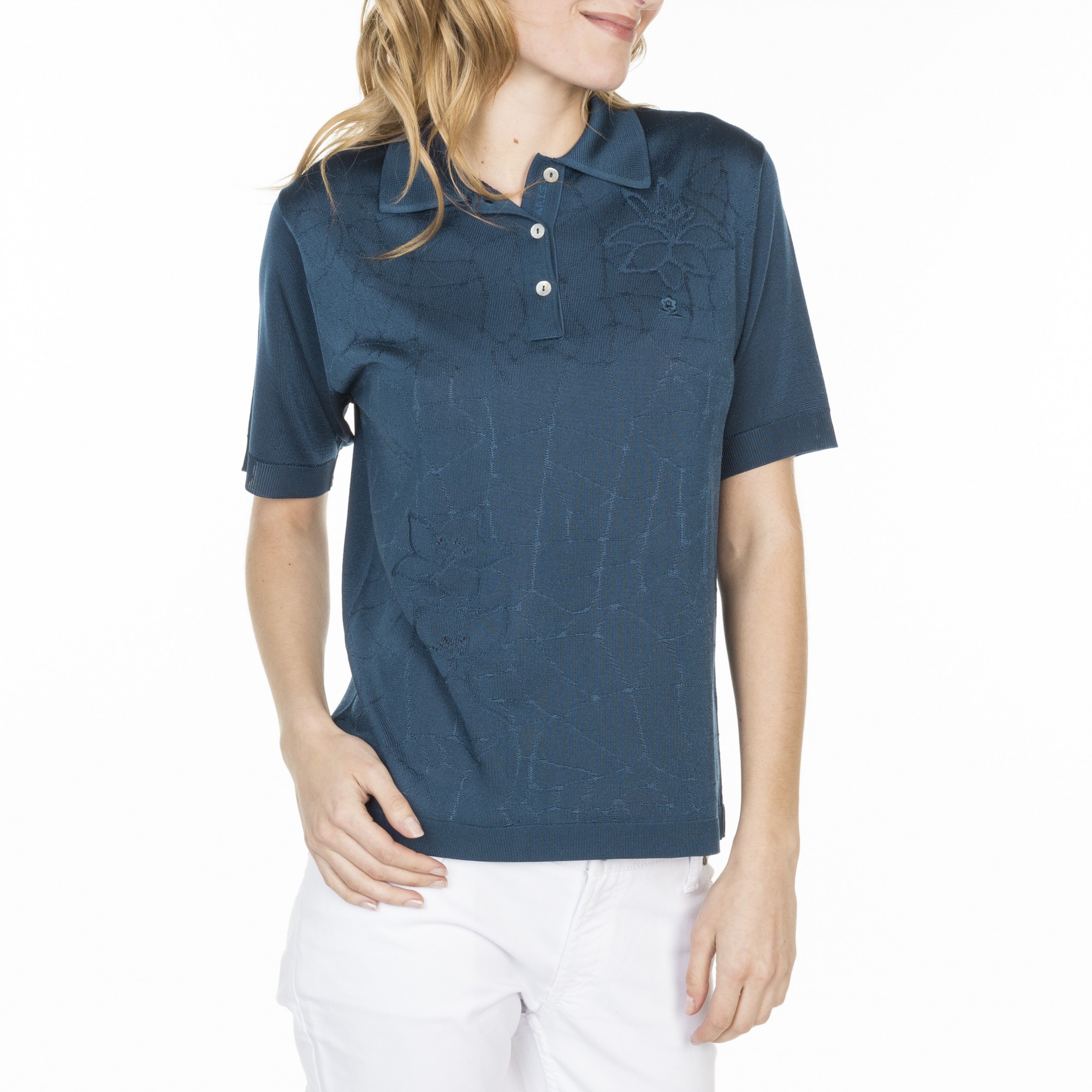 Polo motif géométrique en Fil Lumière Louise 919 cachemire- 05 bleu marine