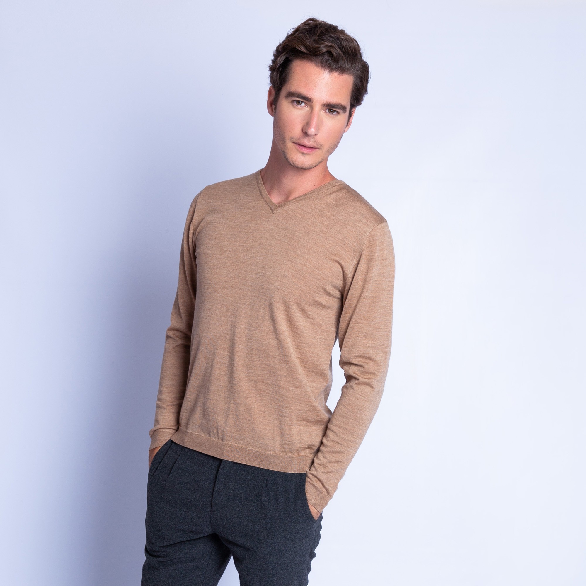 Pull col V en laine - Fox 6349 camel - 47 marron clair