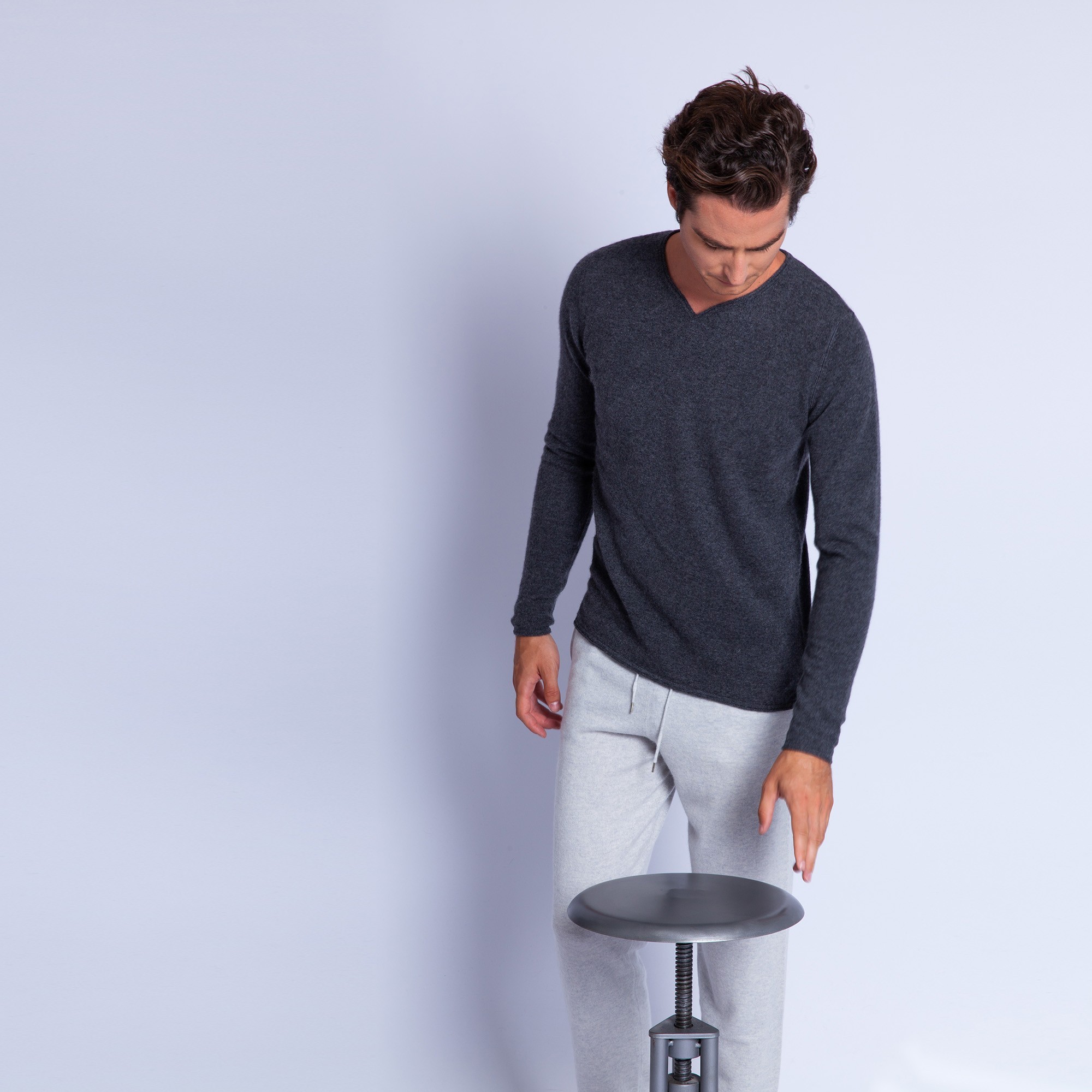 Pull col tunisien en cachemire - Henry 6397 rafale - 09 gris moyen