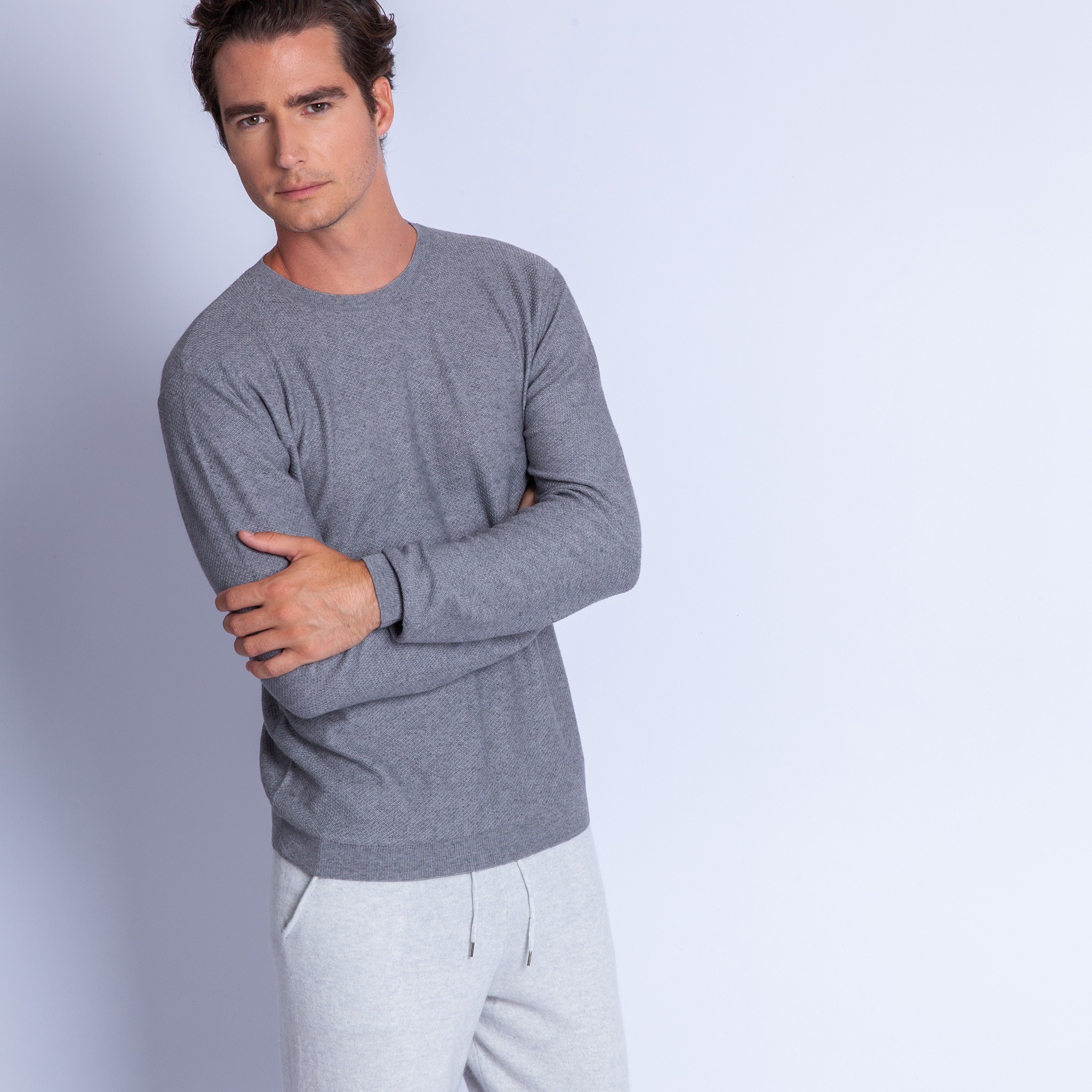 Pull ras du cou en coton cachemire - Hizoka 6344 rafale - 09 gris moyen