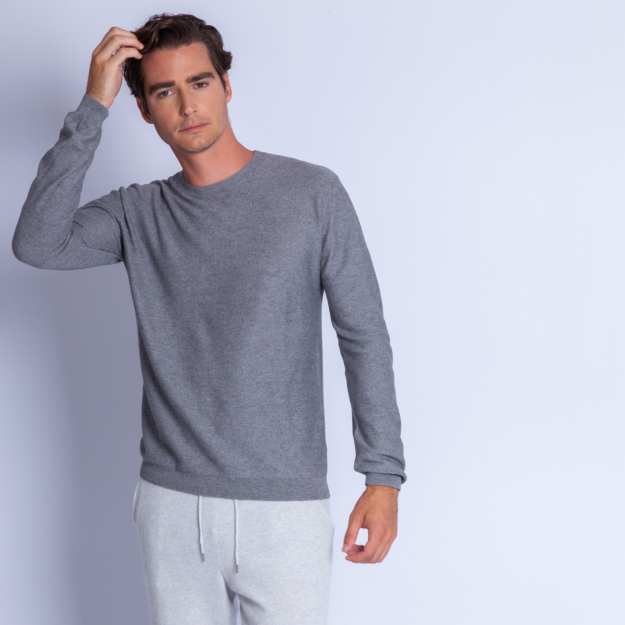 Pull ras du cou en coton cachemire - Hizoka 6344 rafale - 09 gris moyen